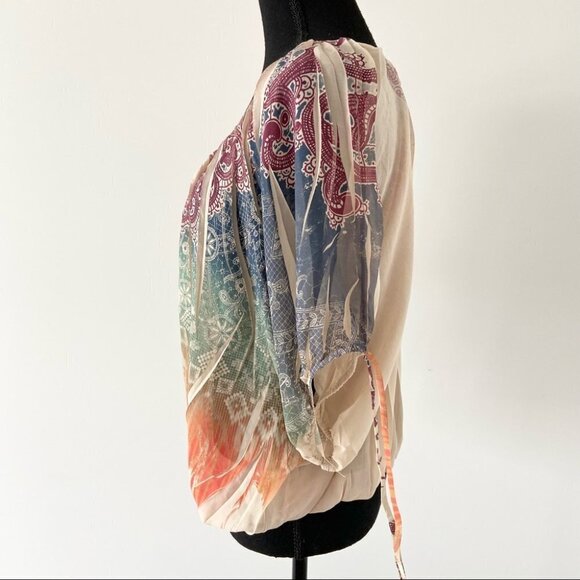 Impress Boho Print Dolman Sleeve Elastic Waist Hem Lightweight Blouse - Picture 3 of 16